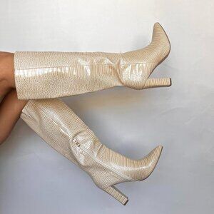 patent leather croc chunky heel boots